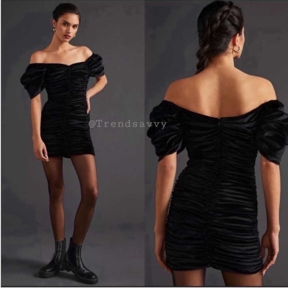 Anthropologie Hutch Black Ruched Mini Dress Puff Sleeve Party Date Size 12 NWT